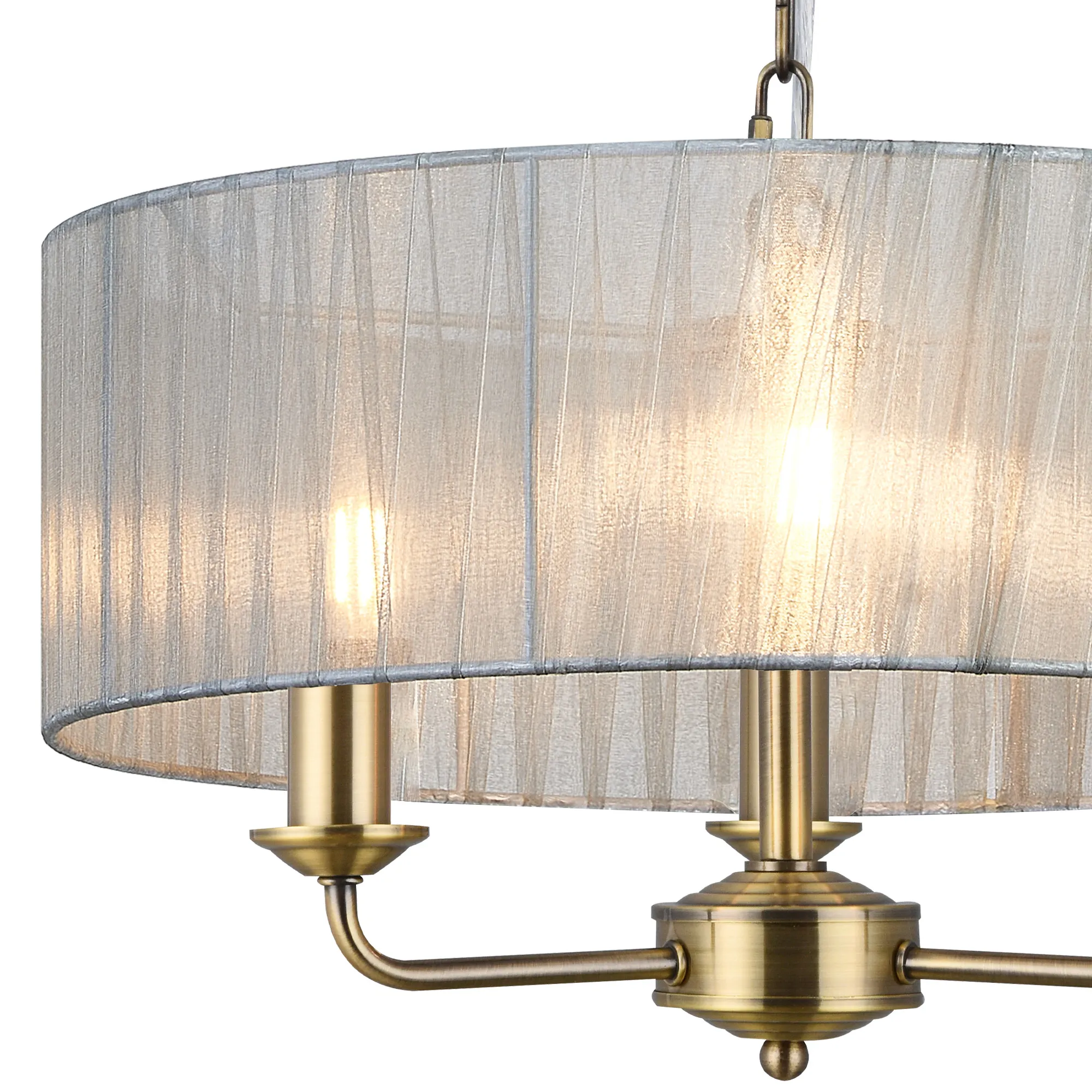 Banyan 3 Light Multi Arm Pendant With 45cm x 15cm Organza Shade Antique Brass/Grey DK0871  Deco Banyan AB GR